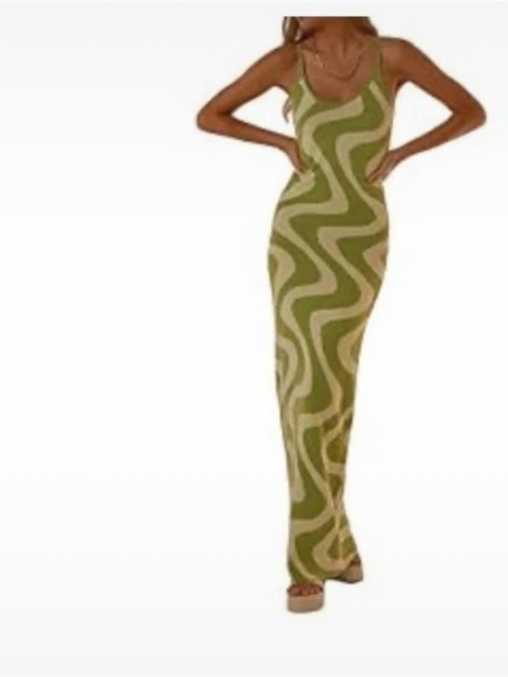 Olive Green Wave-Print Body Con Dress - Sleeveless